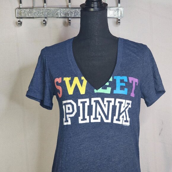 Victoria's Secret Navy Heather Sweet Pink Rainbow V Neck Short Sleeve Tee Size M - Picture 4 of 16